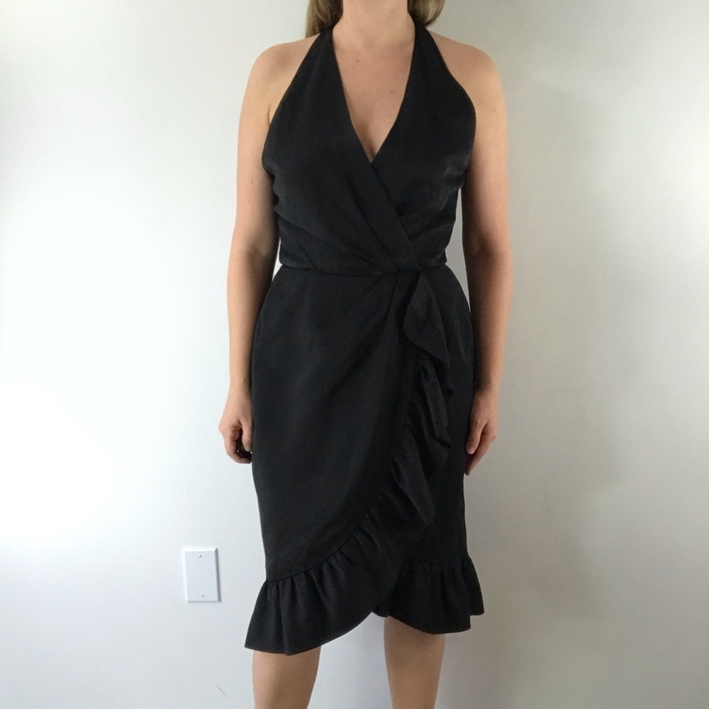 VINTAGE 80’s Black Ruffle V-Neck Party Dress by Albert Nipon Medium